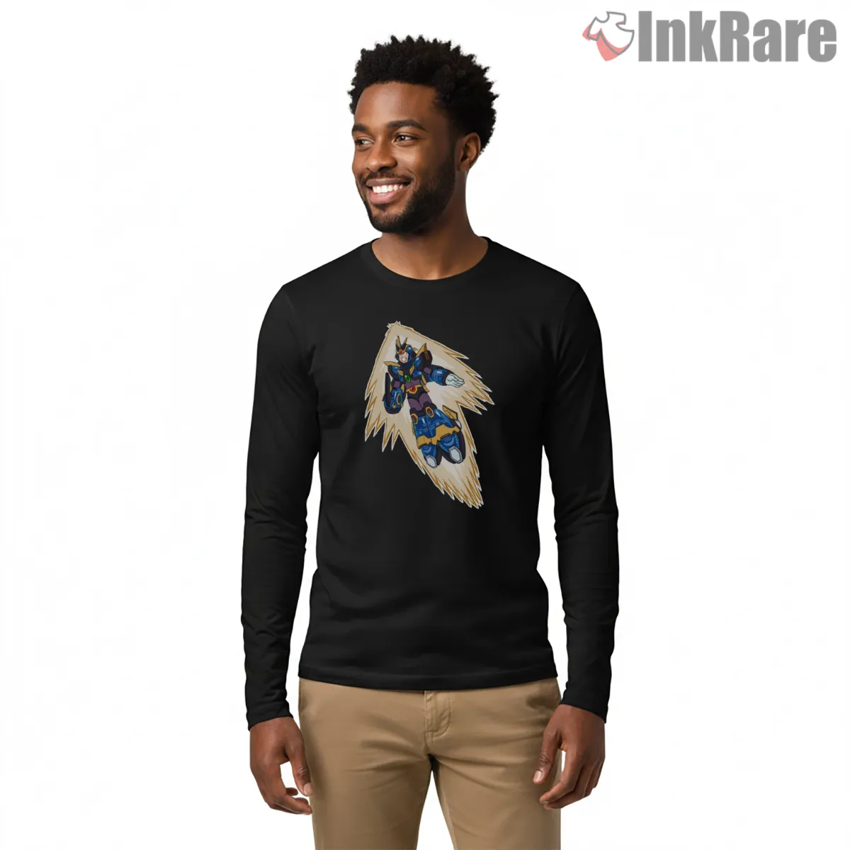 Mega Man X Ultimate Armor Energy Burst Action Shirt on black long sleeve shirt for men graphic tee