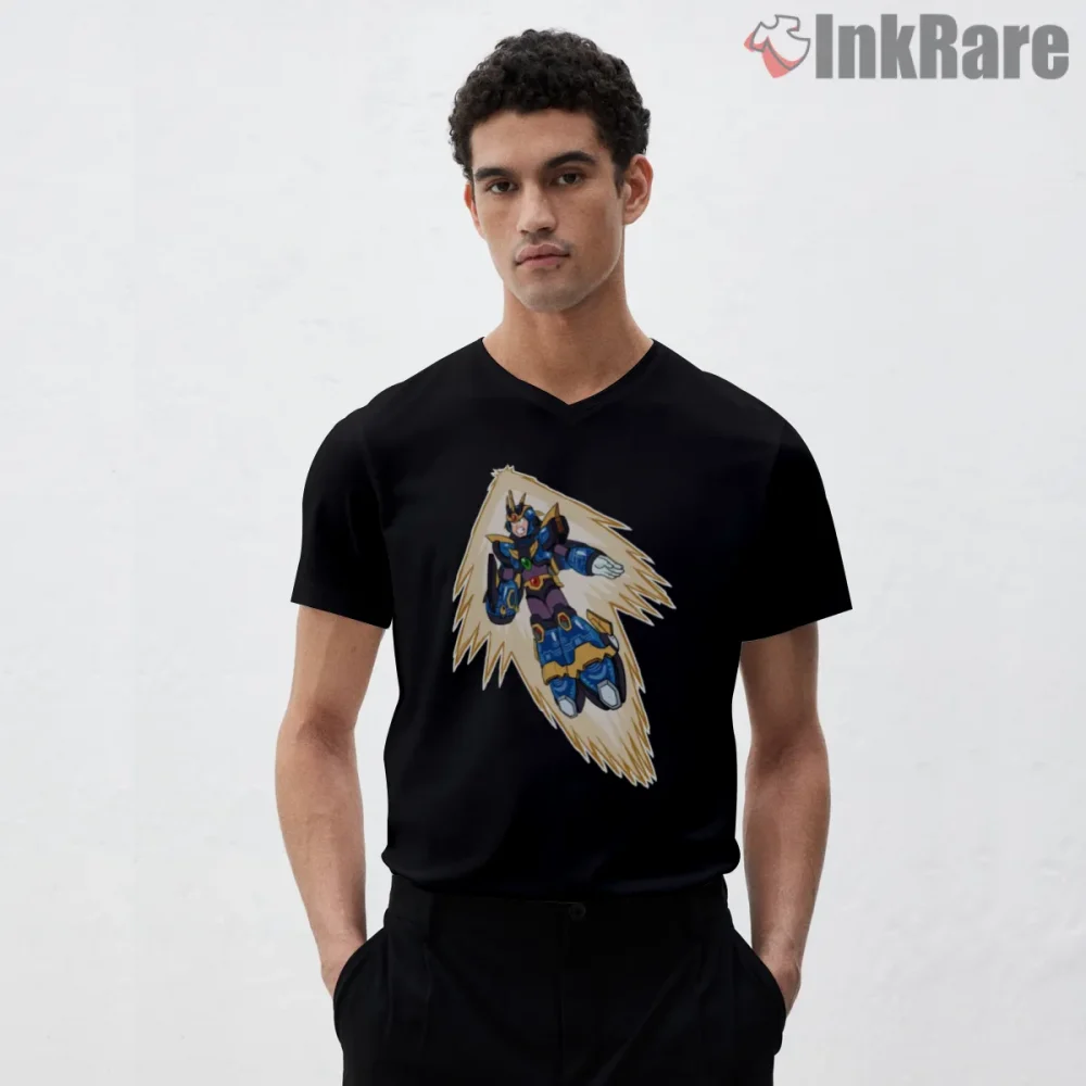 Mega Man X Ultimate Armor Energy Burst Action Shirt on black v-neck shirt for men graphic tee