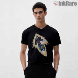 Mega Man X Ultimate Armor Energy Burst Action Shirt on black v-neck shirt for men graphic tee