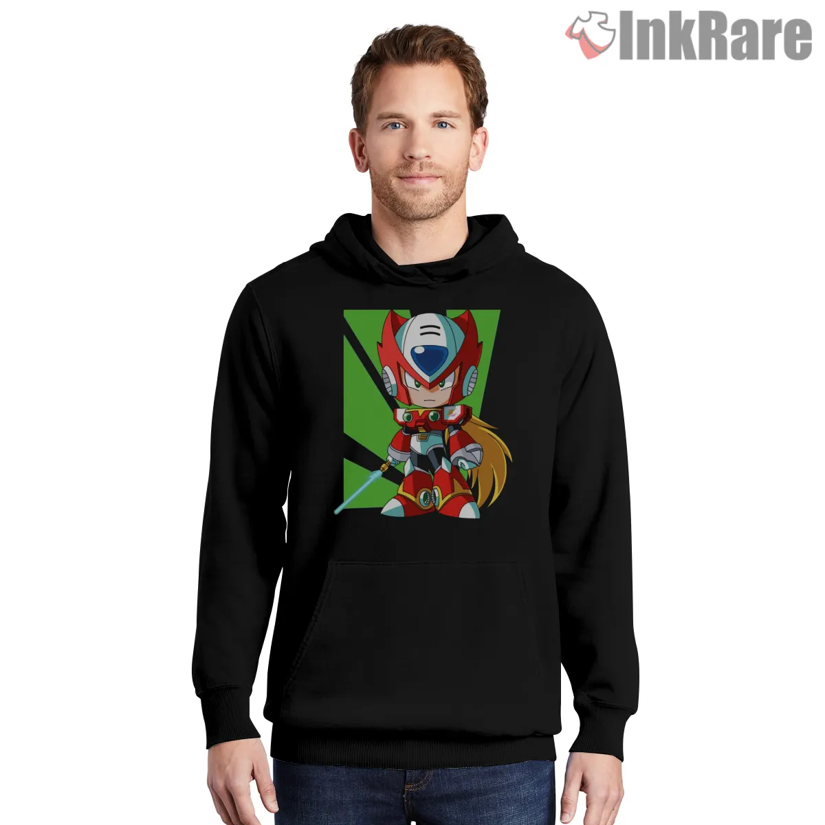 Mega Man Zero Chibi Warrior Neon Contrast Shirt on black hoodie for men graphic tee