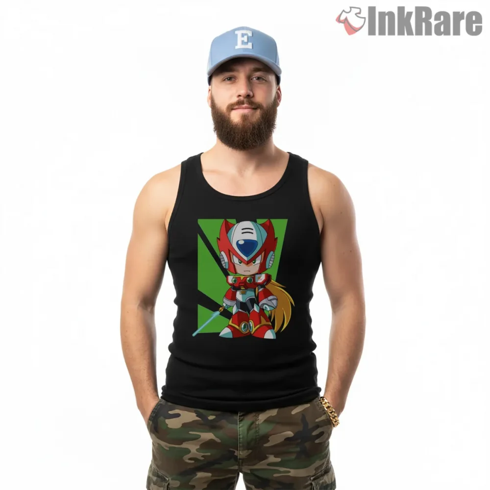 Mega Man Zero Chibi Warrior Neon Contrast Shirt on black tank top for men graphic tee