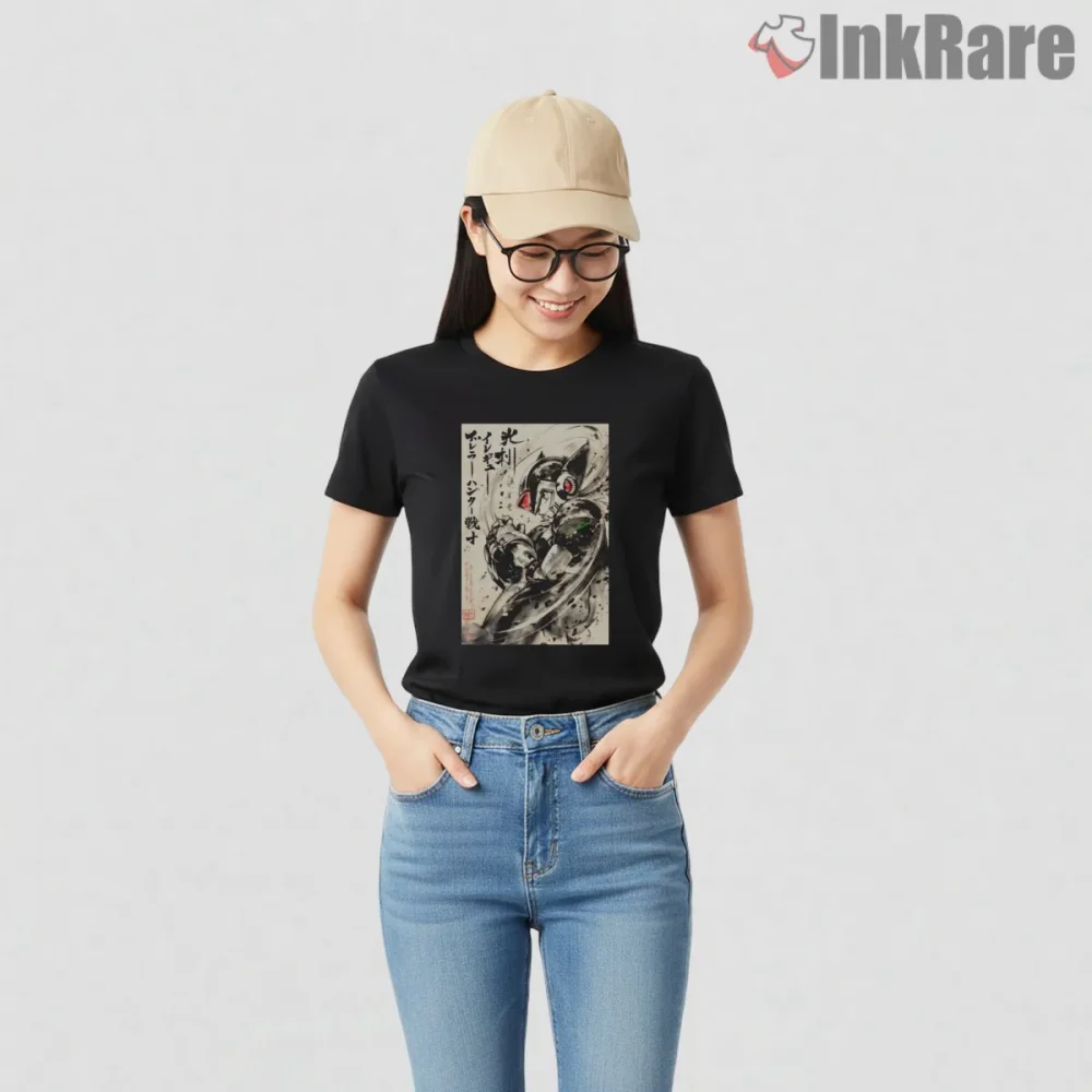 Mega Man Zero Ink Wash Samurai Brush Art Shirt on black short sleeve shirt for women graphic tee