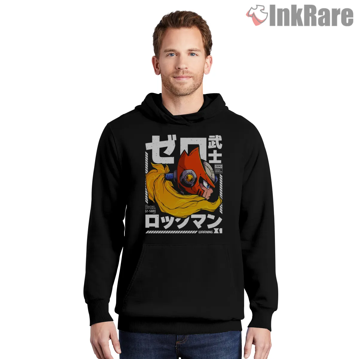 Mega Man Zero Japanese Poster Brush Graphic Shirt on black hoodie for men graphic tee