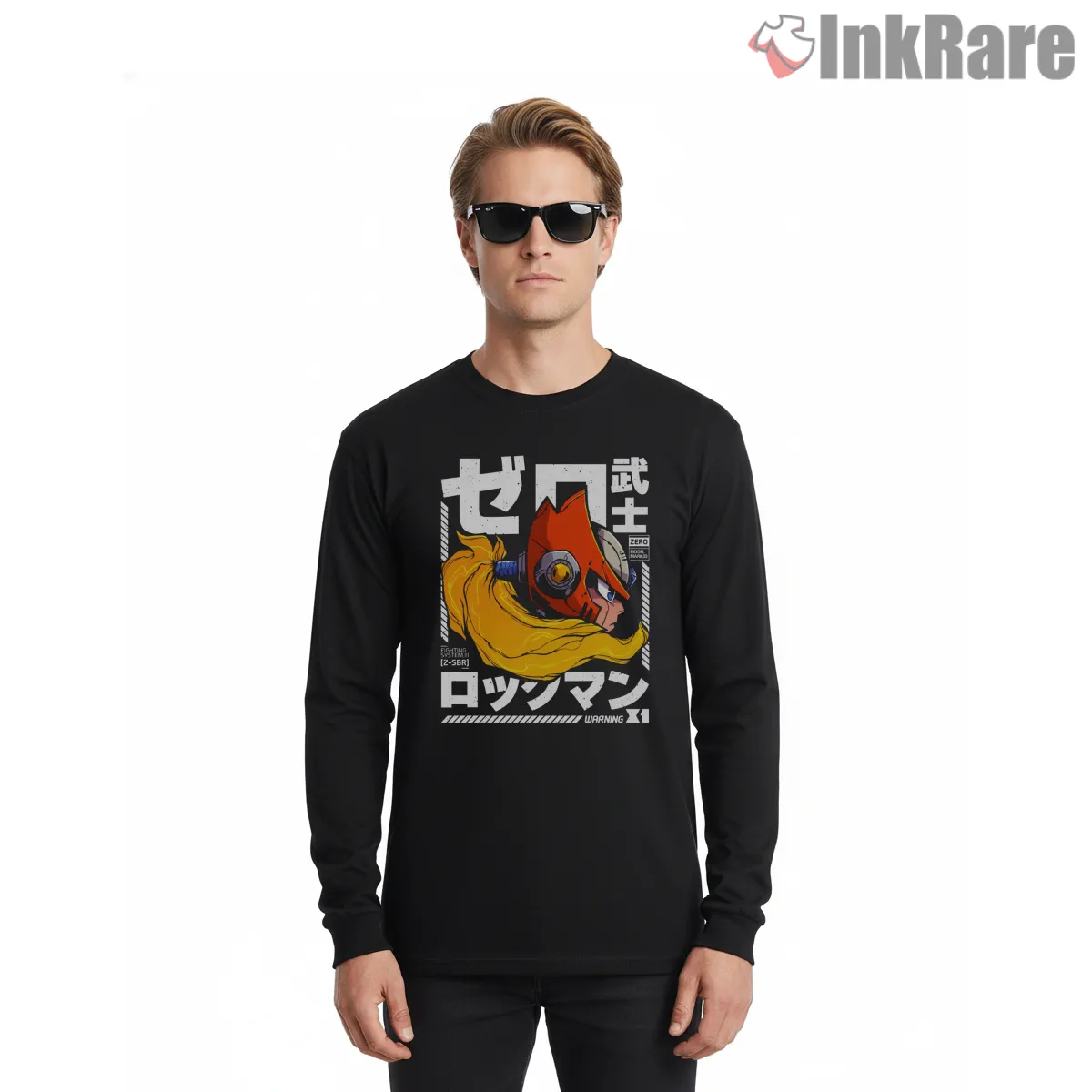 Mega Man Zero Japanese Poster Brush Graphic Long Sleeve Black Mega Man Zero Japanese Poster Brush Graphic Shirt on black long sleeve shirt for men graphic tee