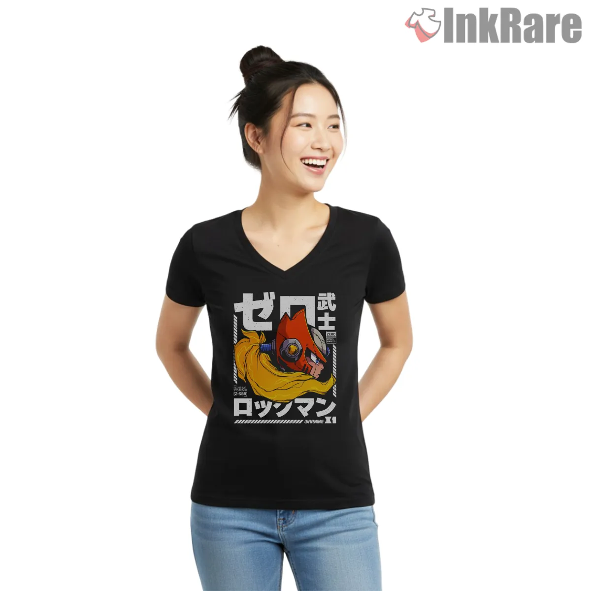 Mega Man Zero Japanese Poster Brush Graphic V Neck Black Mega Man Zero Japanese Poster Brush Graphic Shirt on black v-neck shirt for women graphic tee
