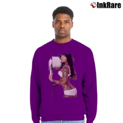 Men’s Megan Fox Tattoo Pin Up Fashion Crewneck Sweatshirt in purple | Cozy Fabric, Clean Style