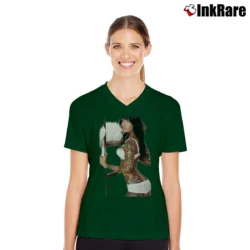 Women’s Megan Fox Tattoo Pin Up Fashion V-Neck Tee in forest green | Chic Neckline, Soft Texture