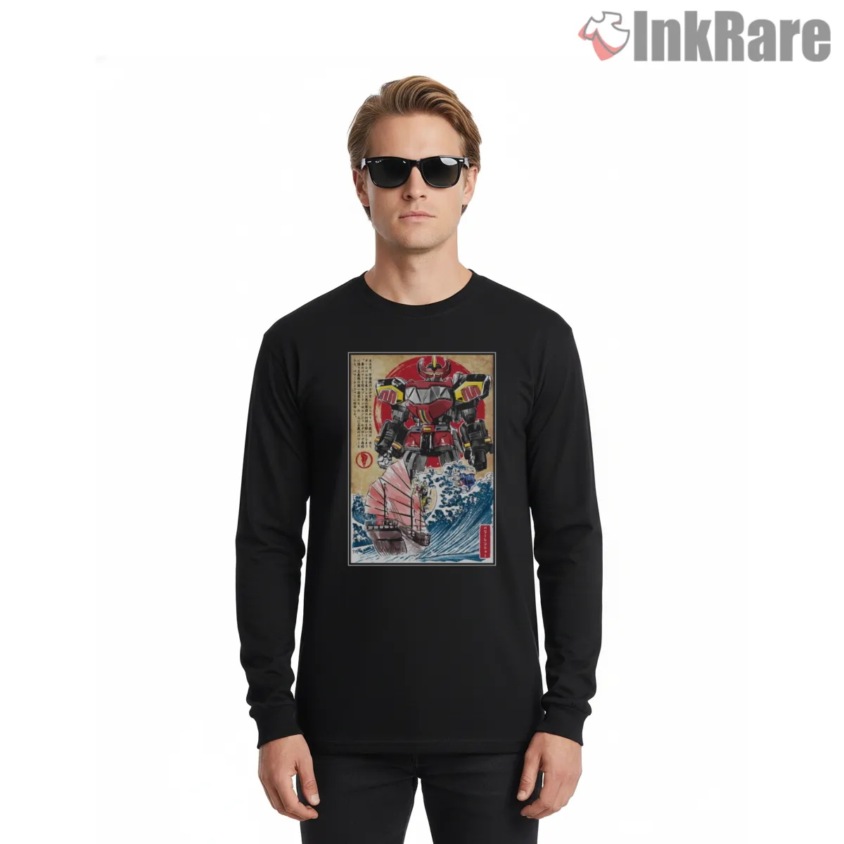 Megazord Japanese Kaiju Battle Poster Shirt on black long sleeve shirt for men graphic tee