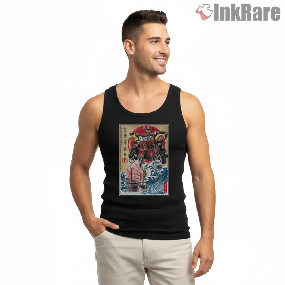 Megazord Japanese Kaiju Battle Poster Shirt on black tank top for men graphic tee