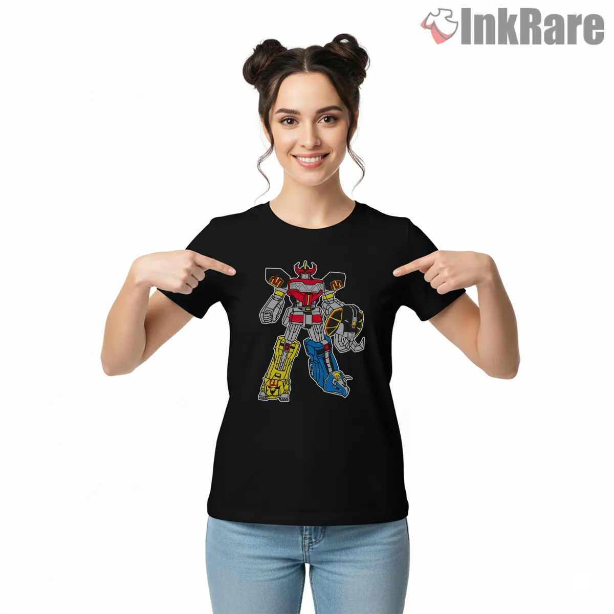 Megazord Mighty Morphin Giant Robot Shirt on black short sleeve shirt for women graphic tee