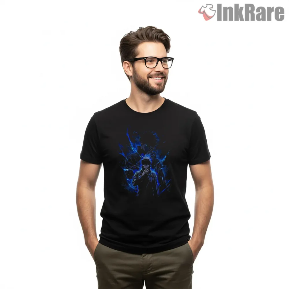 Megumi Fushiguro Blue Shadow Energy Anime Shirt on black short sleeve shirt for men graphic tee