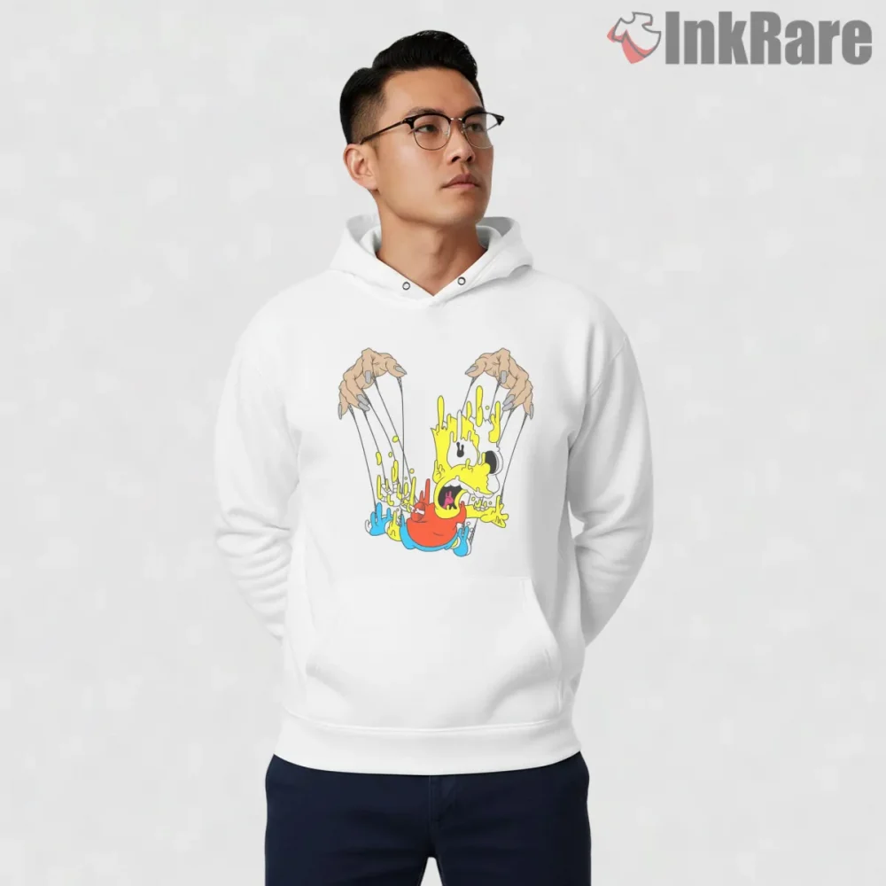 Melting Bart Surreal Cartoon Drip Chaos Shirt on white hoodie for men graphic tee