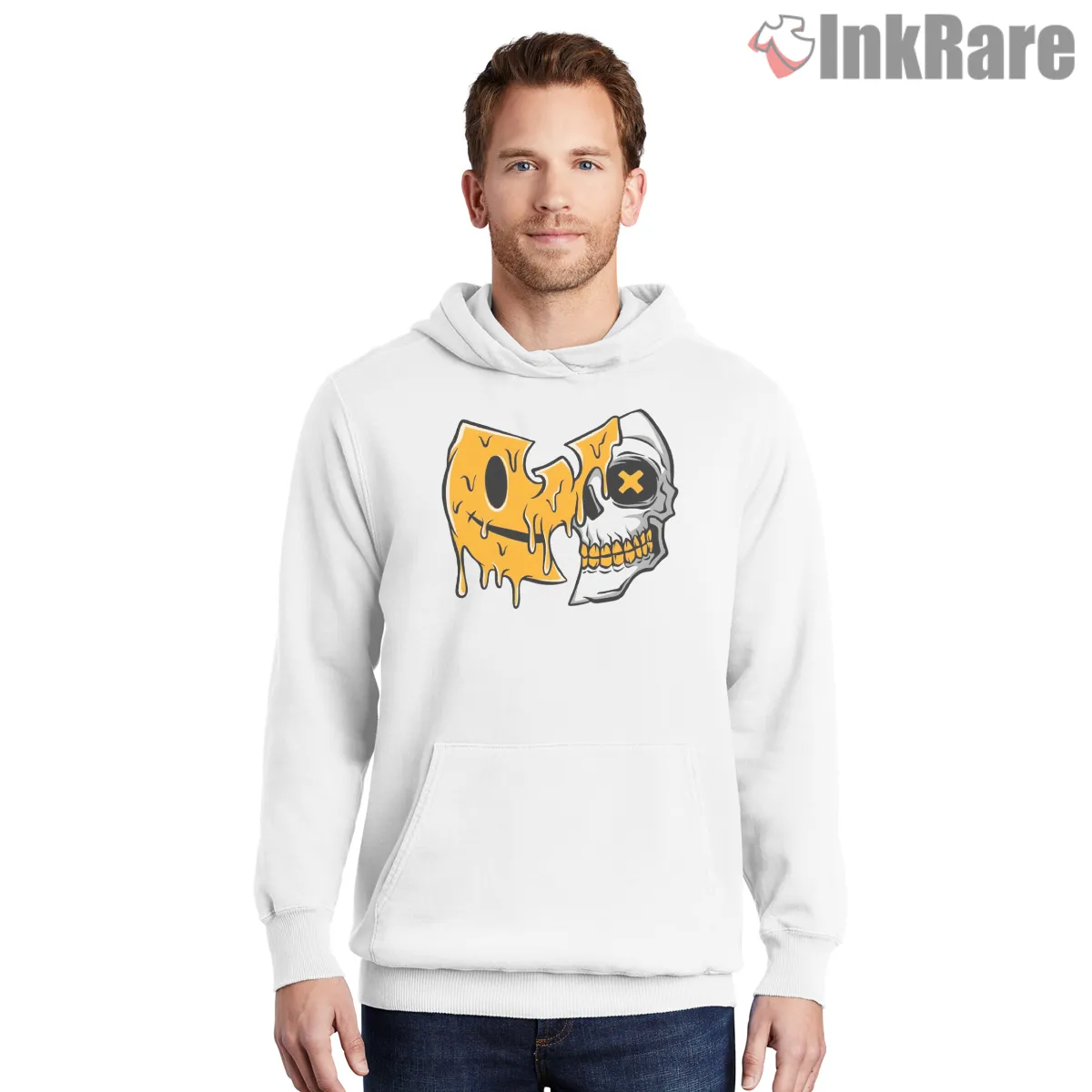 Melting Wu Emblem Skull Street Graphic Shirt on white hoodie for men graphic tee