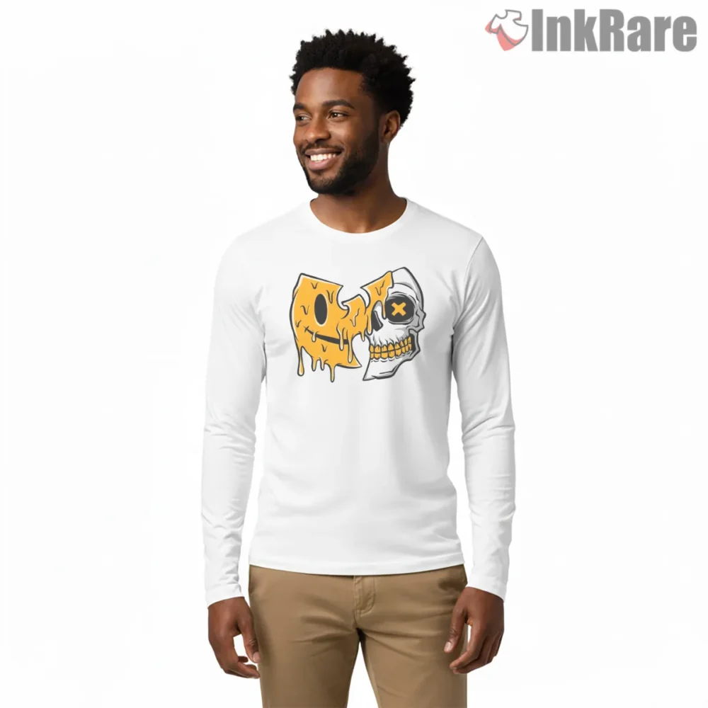 Melting Wu Emblem Skull Street Graphic Shirt on white long sleeve shirt for men graphic tee