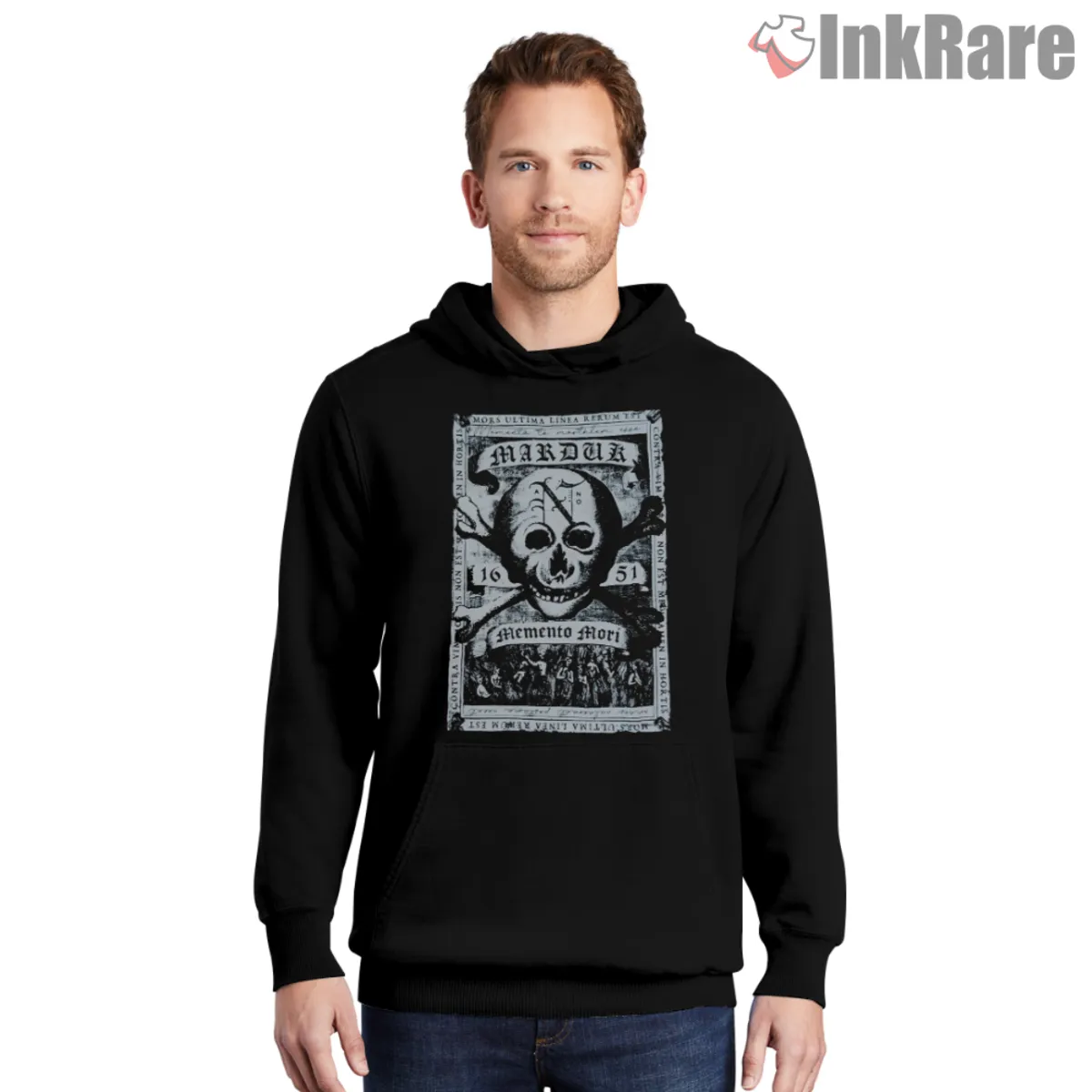 Black hoodie with Memento Mori chest print