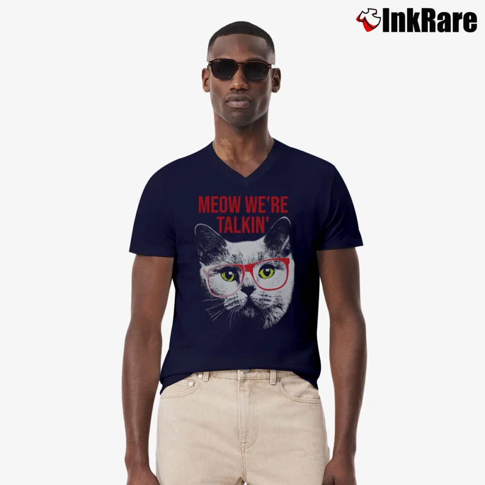 Men’s Meow We're Talkin' Funny Cat V-Neck Tee in navy | Sharp, Breathable, Everyday Staple