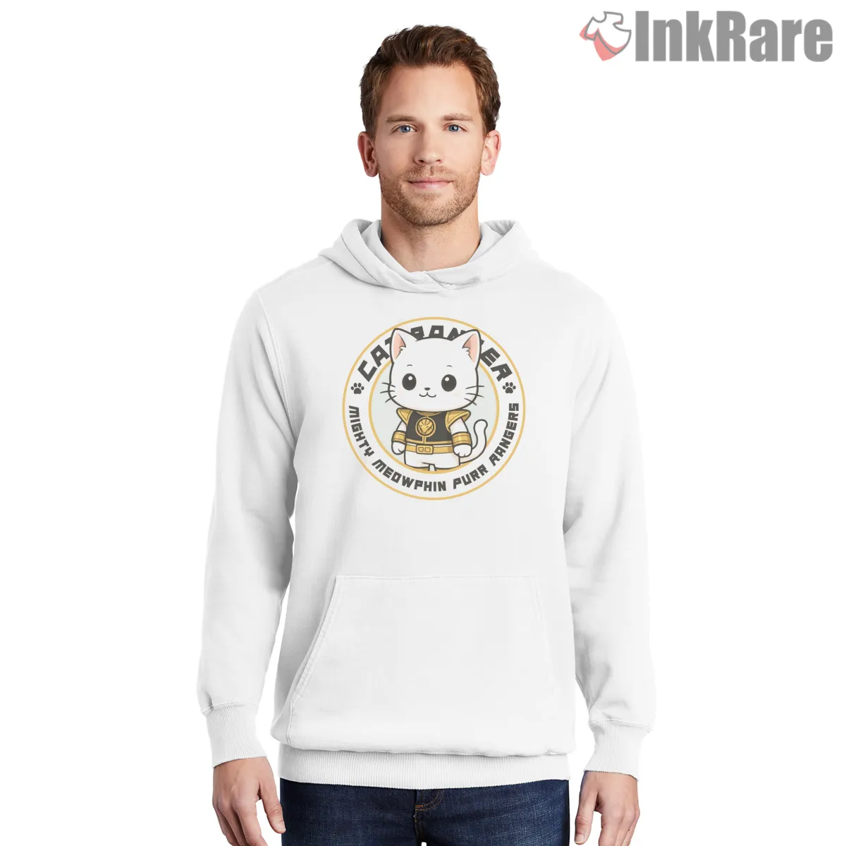 Meowphin White Cat Ranger Cute Mashup Hoodie White Meowphin White Cat Ranger Cute Mashup Shirt on white hoodie for men graphic tee