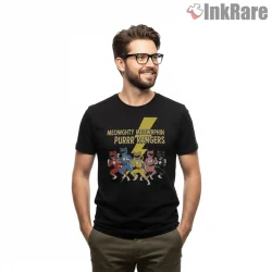 Meowrphin Cat Rangers Cartoon Parody Shirt on black short sleeve shirt for men graphic tee