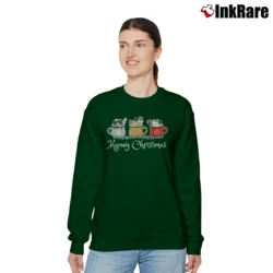 Women’s Meowy Christmas Cat Funny Cat Lover Holiday Relaxed Sweatshirt in forest green | Soft, Laid-Back Vibe