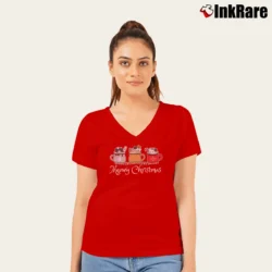 Women’s Meowy Christmas Cat Funny Cat Lover Holiday V-Neck Tee in red | Chic Neckline, Soft Texture