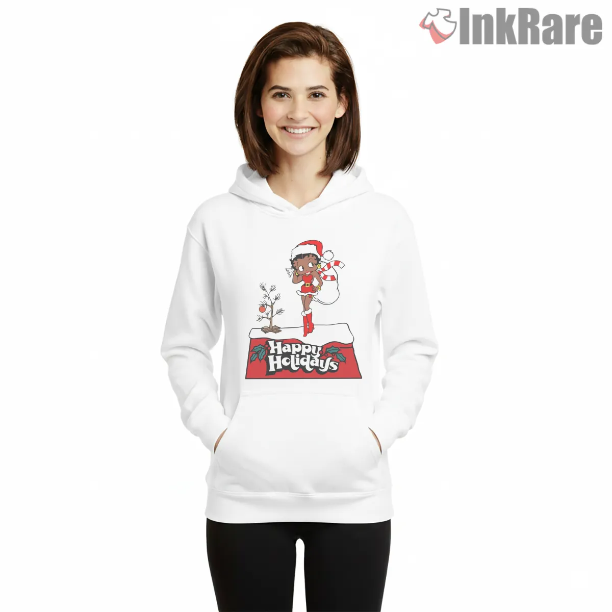 Merry Christmas Betty Boop Happy Holidays Shirt on white hoodie for women graphic tee