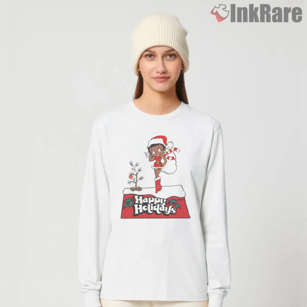 Merry Christmas Betty Boop Happy Holidays Shirt on white long sleeve shirt for women graphic tee