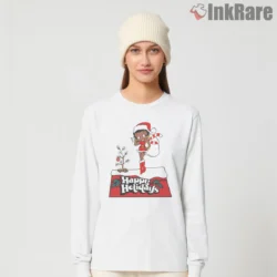 Merry Christmas Betty Boop Happy Holidays Shirt on white long sleeve shirt for women graphic tee