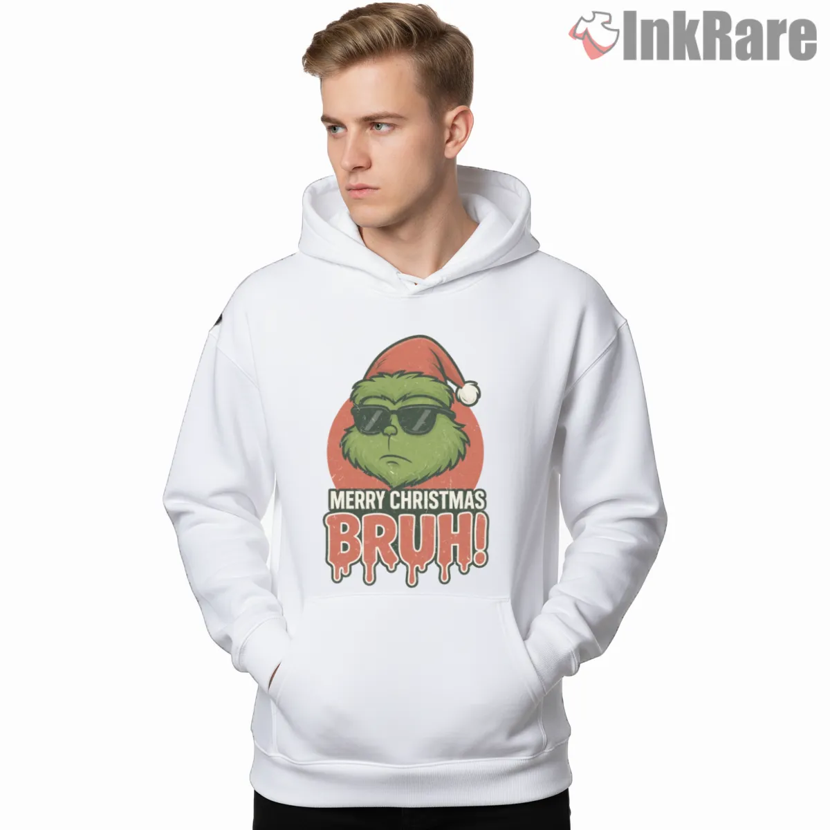 Merry Christmas Bruh Cool Grinch Shirt on white hoodie for men graphic tee