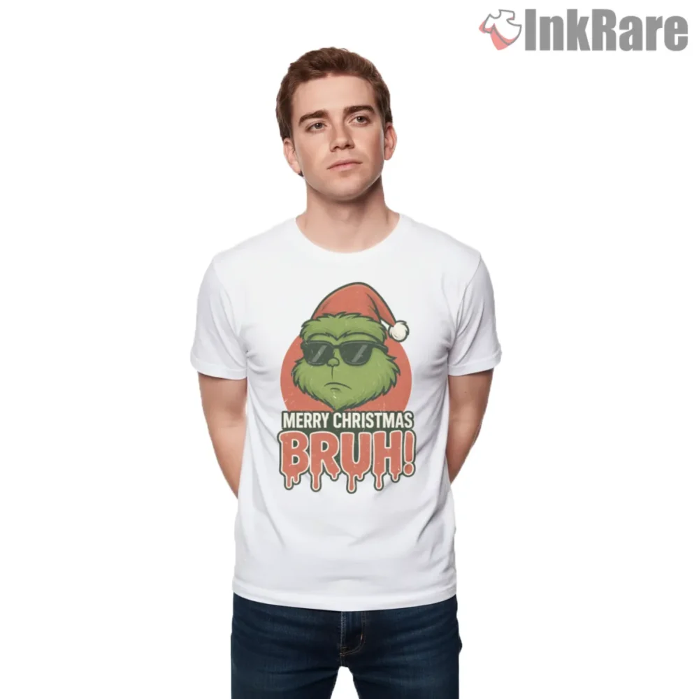 Merry Christmas Bruh Cool Grinch Shirt on white short sleeve shirt for men graphic tee
