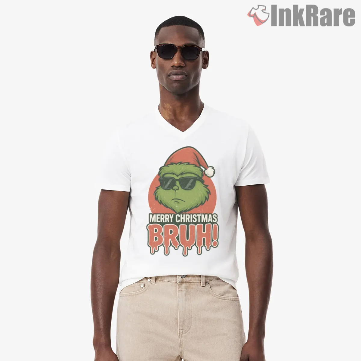 Merry Christmas Bruh Cool Grinch V Neck White Merry Christmas Bruh Cool Grinch Shirt on white v-neck shirt for men graphic tee