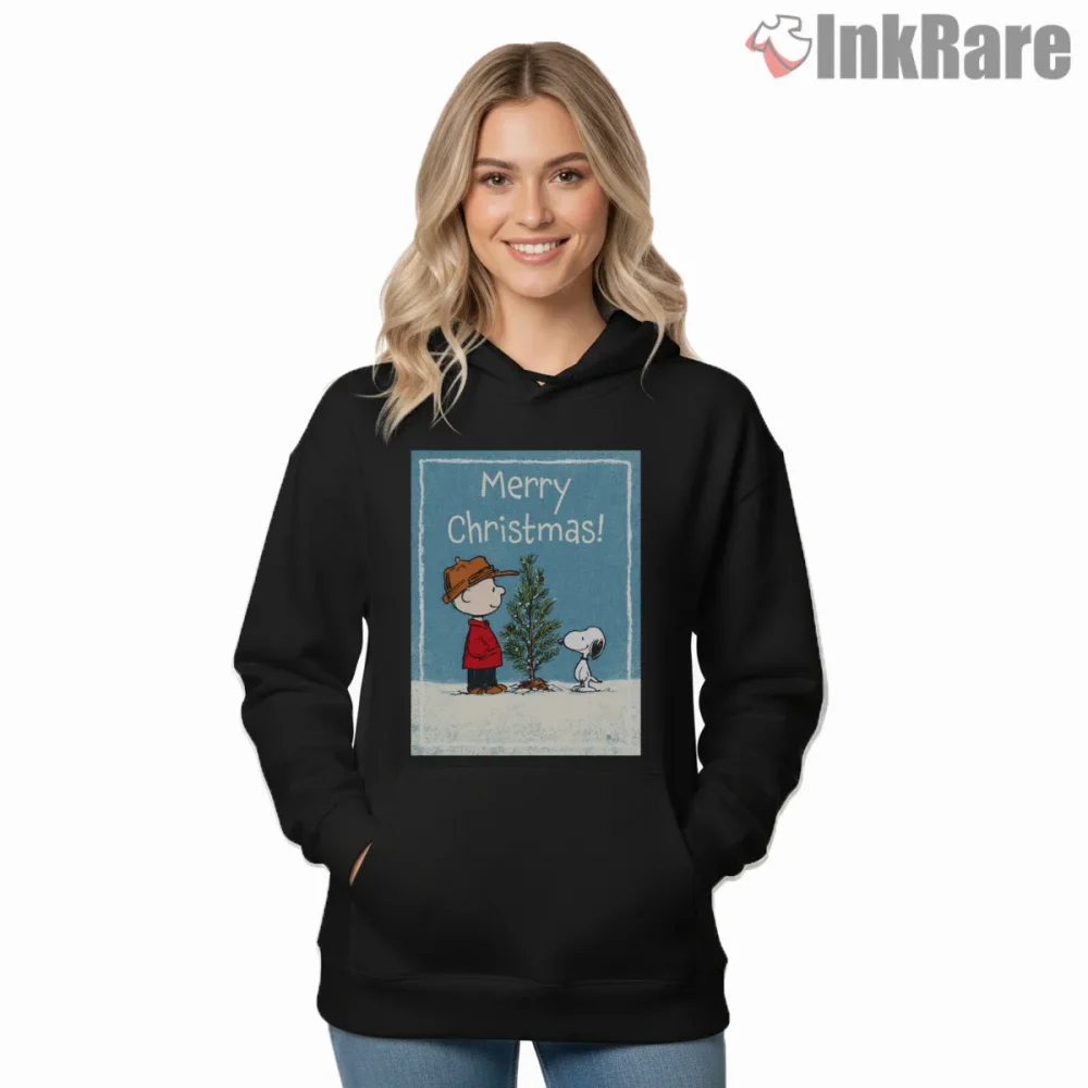 Merry Christmas Charlie Brown And Snoopy Holiday Shirt on black hoodie for women graphic tee