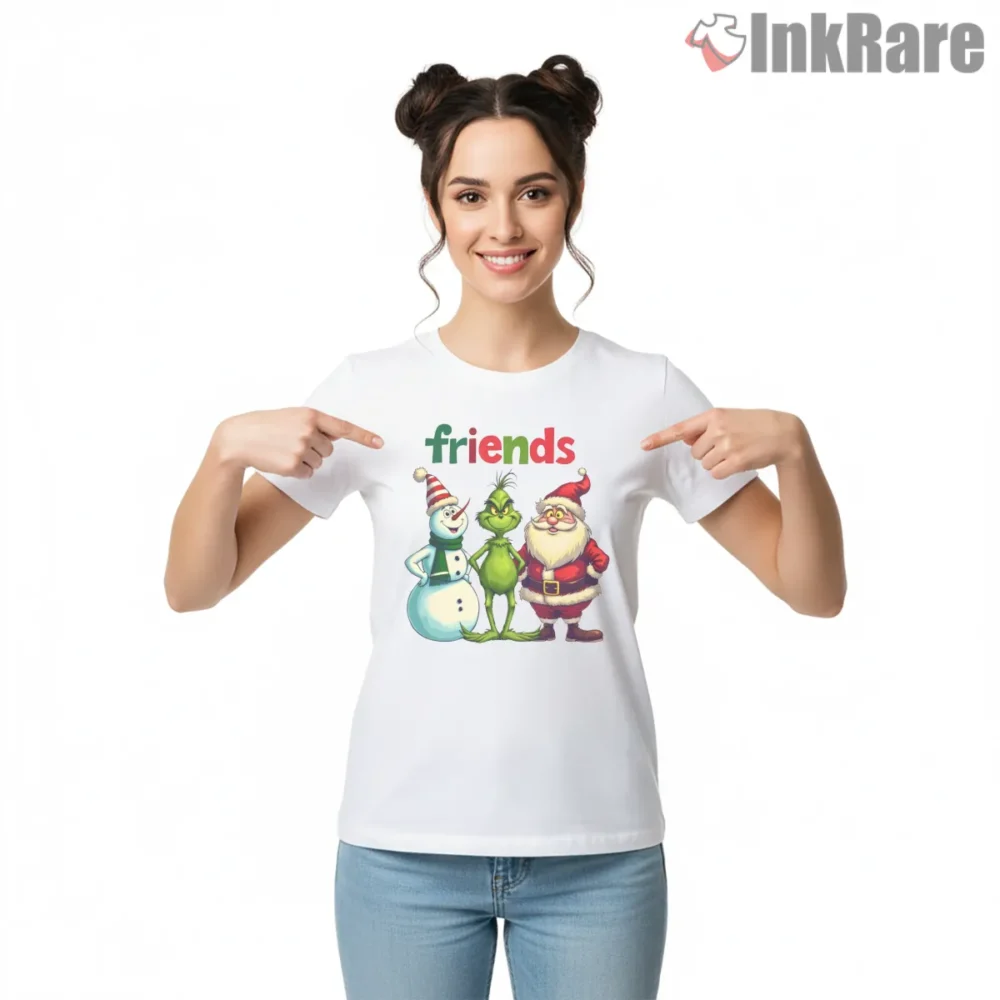 Merry Christmas Friends 2025 Grinch Holiday Shirt on white short sleeve shirt for women graphic tee
