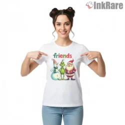 Merry Christmas Friends 2025 Grinch Holiday Shirt on white short sleeve shirt for women graphic tee