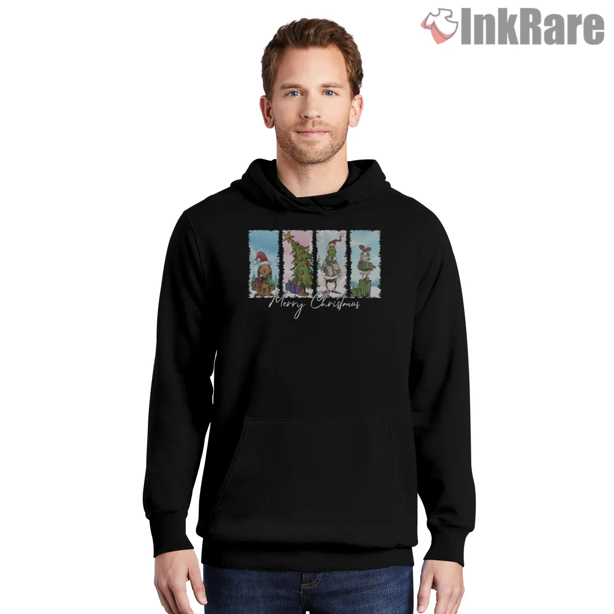 Merry Christmas Grinch Matching Family Panels Shirt on black hoodie for men graphic tee