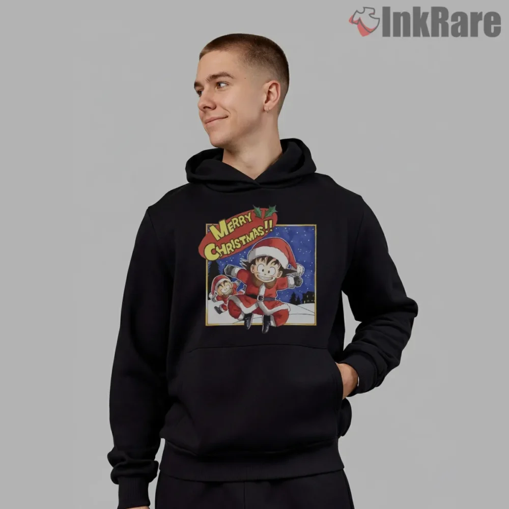 Merry Christmas Kid Goku Santa Dragon Ball Shirt on black hoodie for men graphic tee