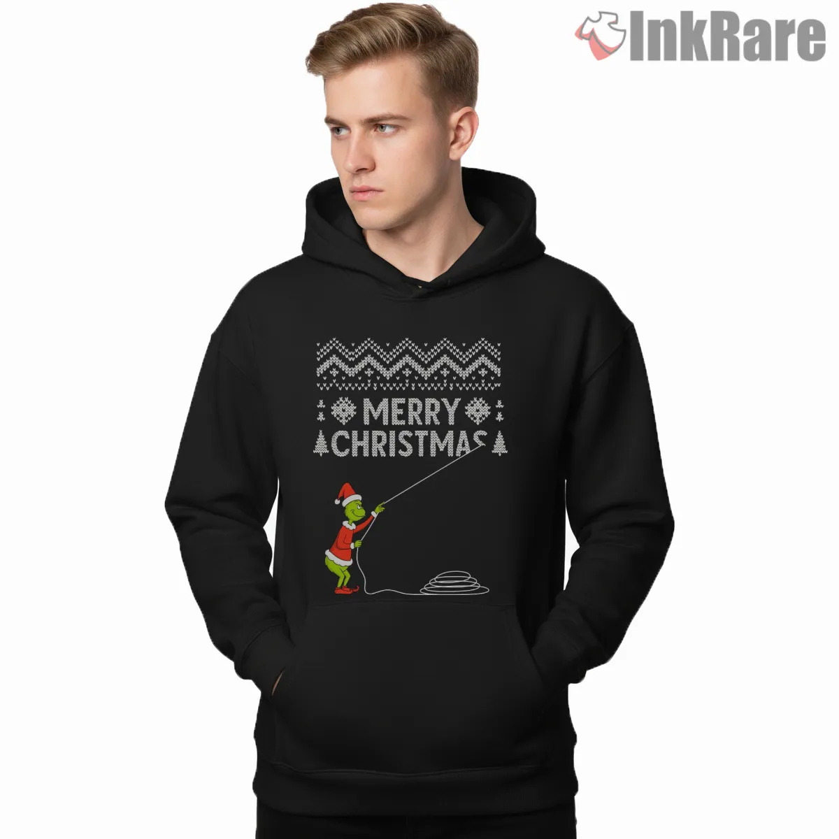 Merry Christmas Rope Trick Grinch Holiday Shirt on black hoodie for men graphic tee