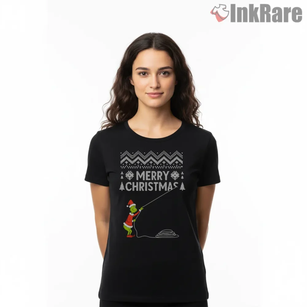 Merry Christmas Rope Trick Grinch Holiday Shirt on black short sleeve shirt for women graphic tee