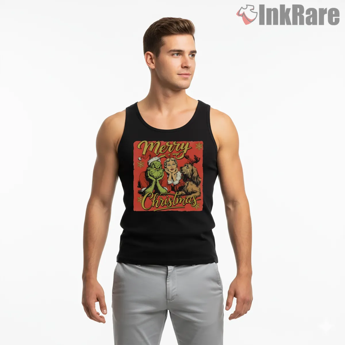 Merry Christmas Vintage Grinch Parody Holiday Shirt on black tank top for men graphic tee