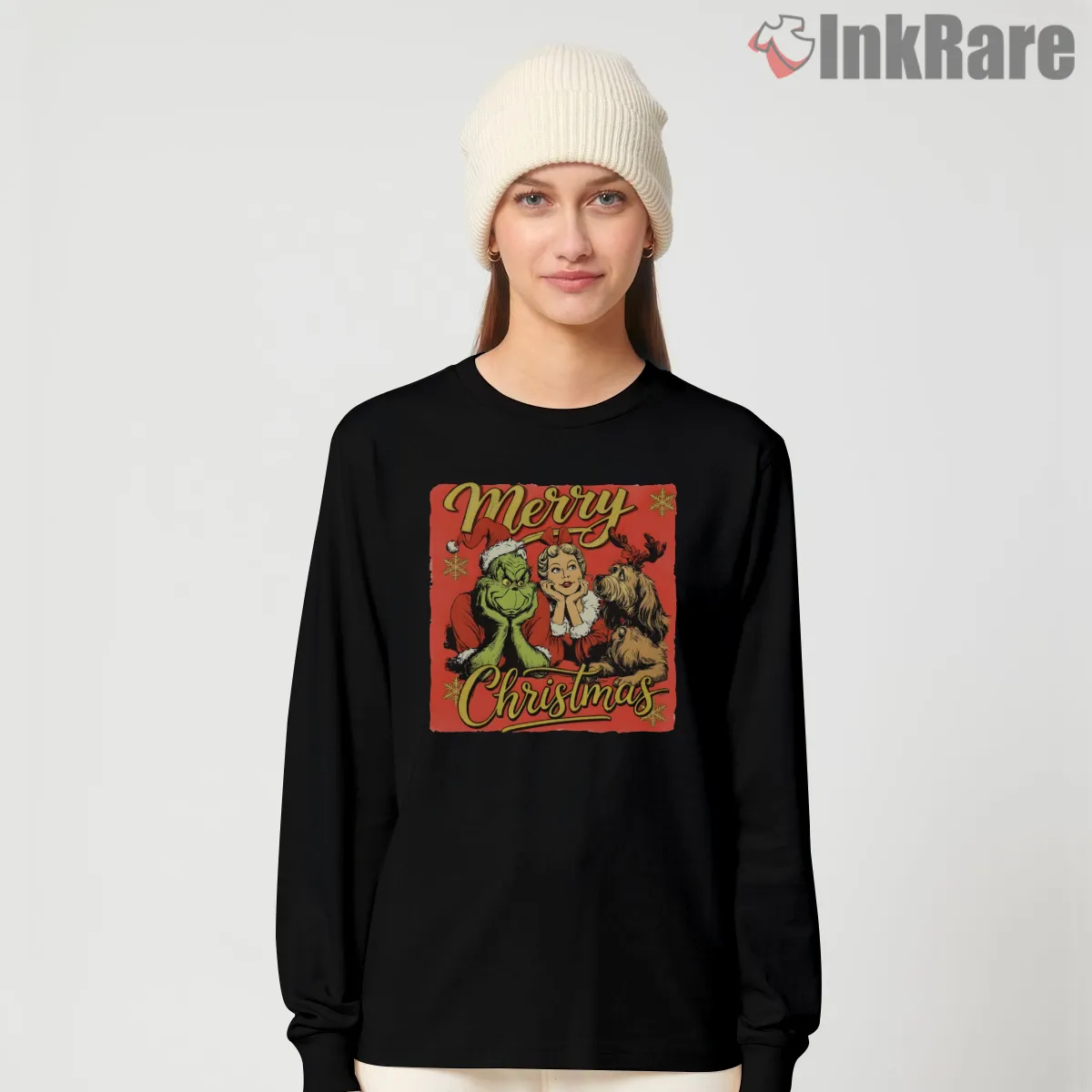 Merry Christmas Vintage Grinch Parody Holiday Long Sleeve Black Merry Christmas Vintage Grinch Parody Holiday Shirt on black long sleeve shirt for women graphic tee