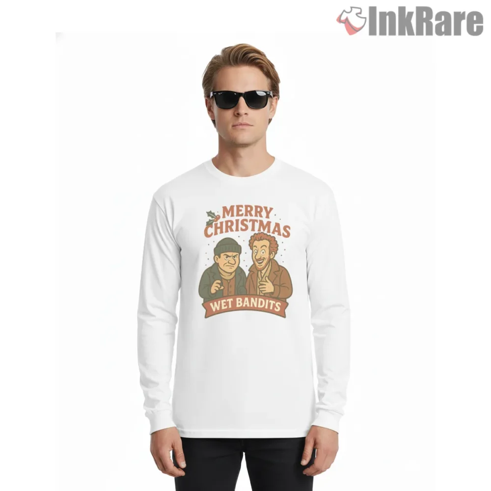 Merry Christmas Wet Bandits Retro Cartoon Shirt on white long sleeve shirt for men graphic tee