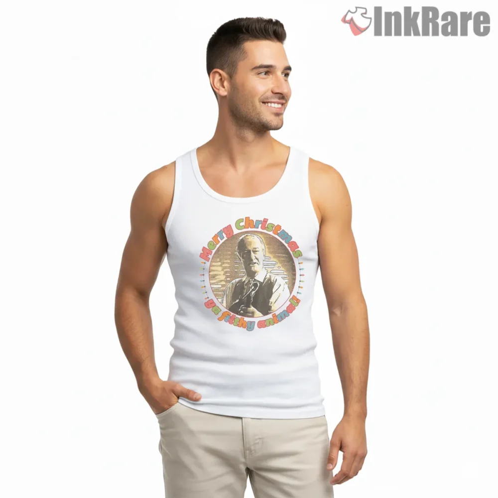 Merry Christmas Ya Filthy Animal Gangster Circle Shirt on white tank top for men graphic tee