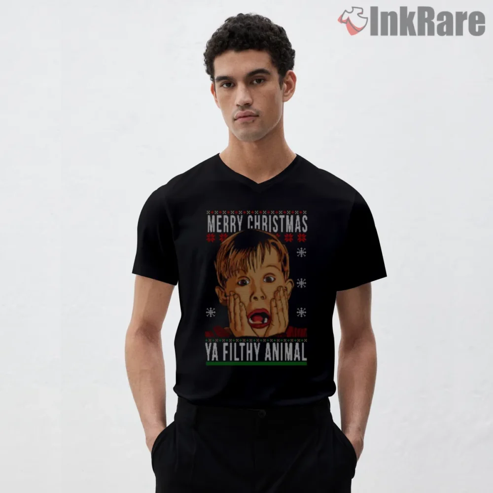 Merry Christmas Ya Filthy Animal Kevin Portrait Shirt on black v-neck shirt for men graphic tee