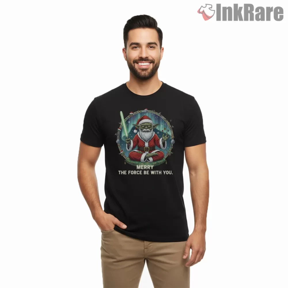 Merry Force Holiday Yoda Santa Shirt on black short sleeve shirt for men graphic tee