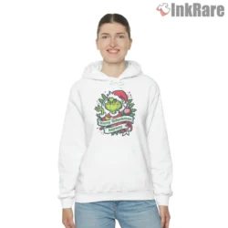 Merry Grinchmas Anyway Sarcastic Holiday Shirt on white hoodie for women graphic tee