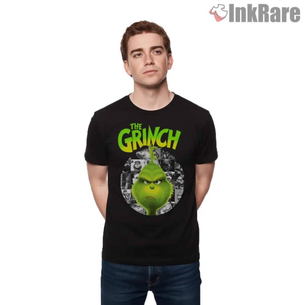 Merry Grinchmas Collage Circle Portrait Shirt on black short sleeve shirt for men graphic tee