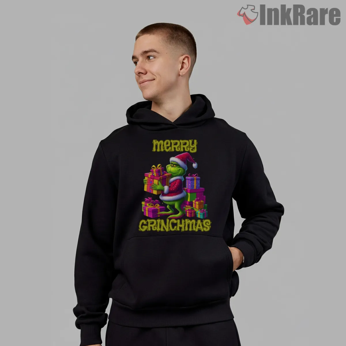Merry Grinchmas Gift Stack Christmas Shirt on black hoodie for men graphic tee