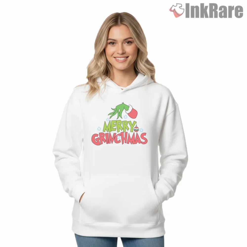 Merry Grinchmas Grinch Hand Shirt on white hoodie for women graphic tee