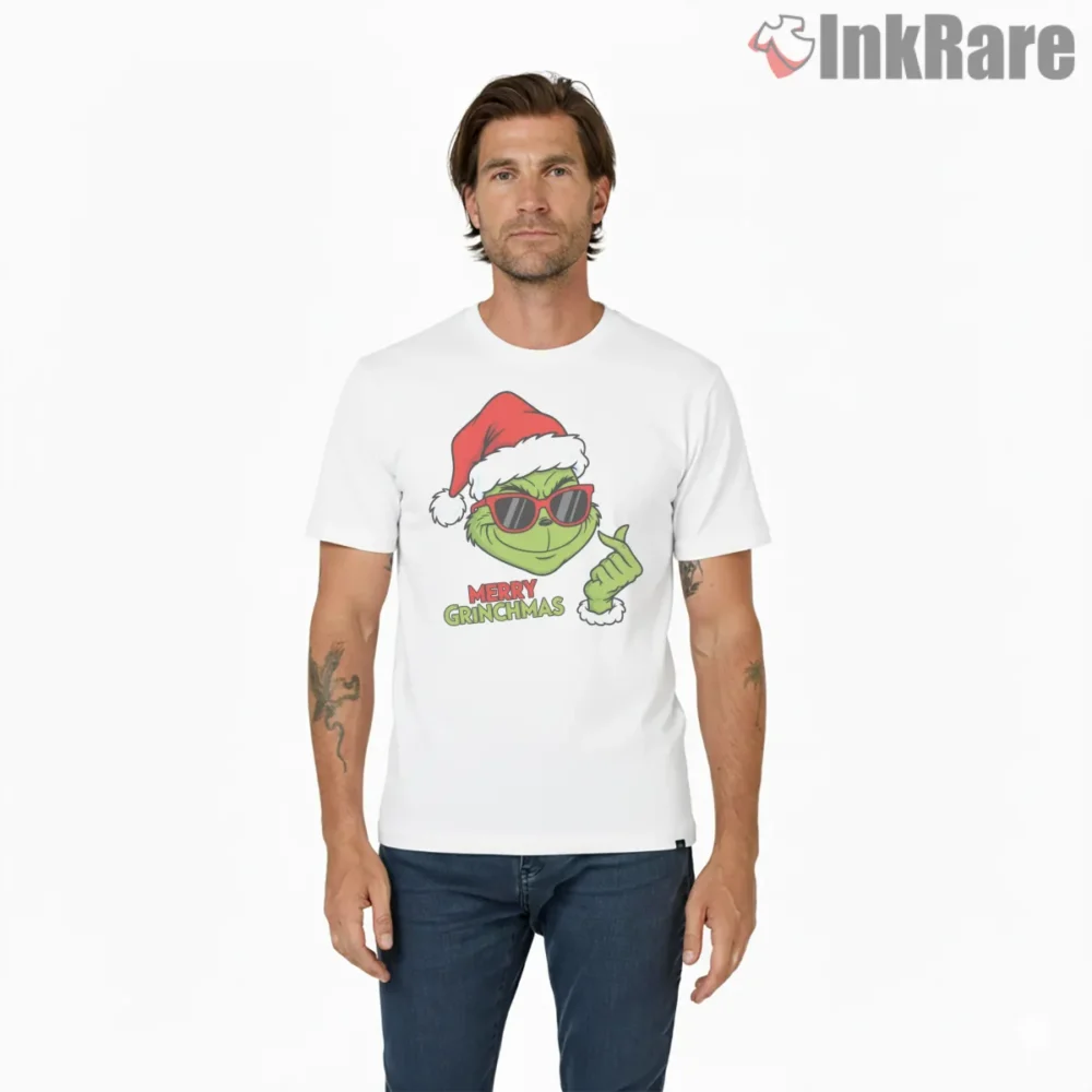 Merry Grinchmas Holiday Shades Cartoon Shirt on white short sleeve shirt for men graphic tee