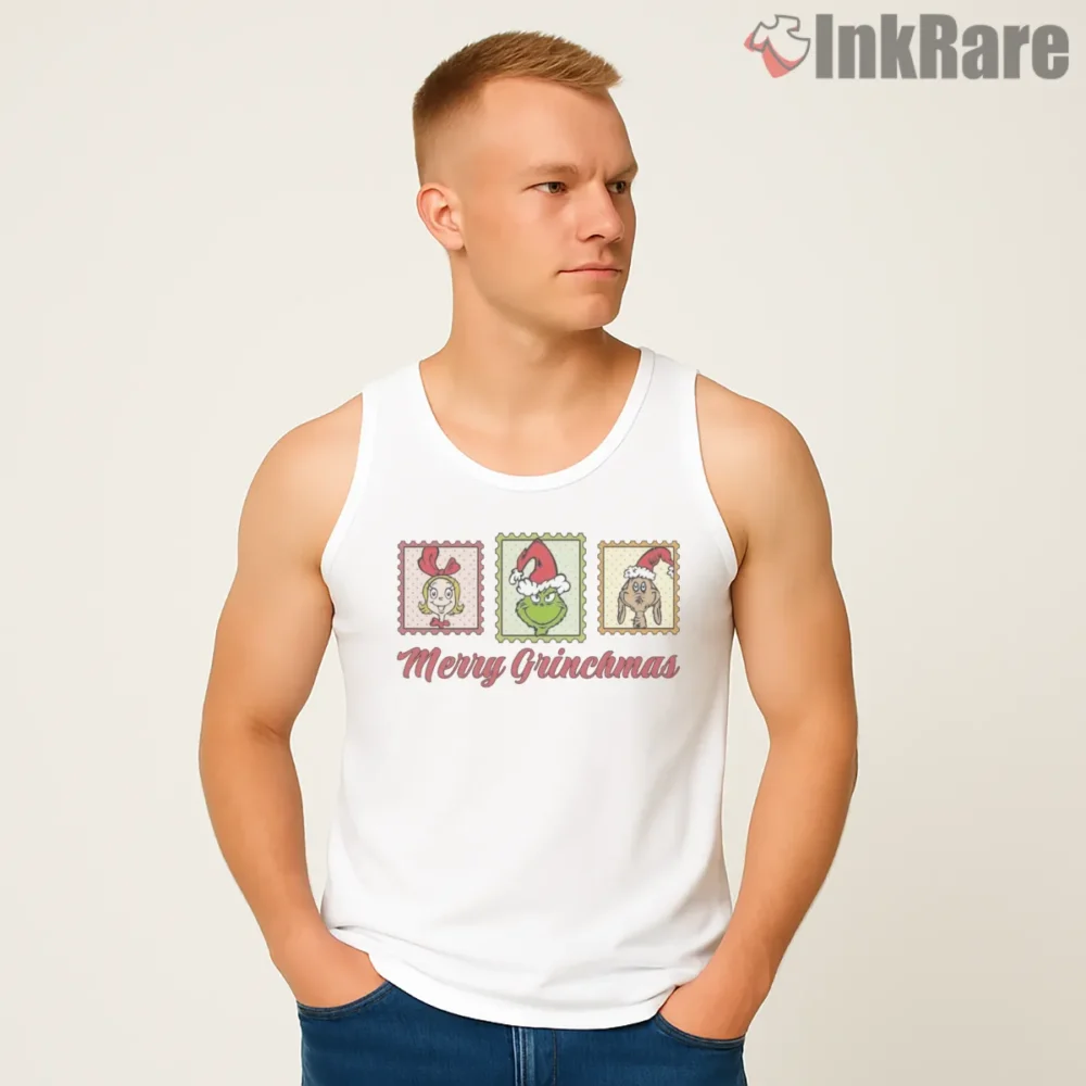 Merry Grinchmas Postage Stamp Family Shirt on white tank top for men graphic tee