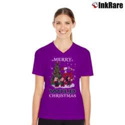 Women’s Merry Minnesota Wild Snoopy Christmas V-Neck Tee in purple | Chic Neckline, Soft Texture